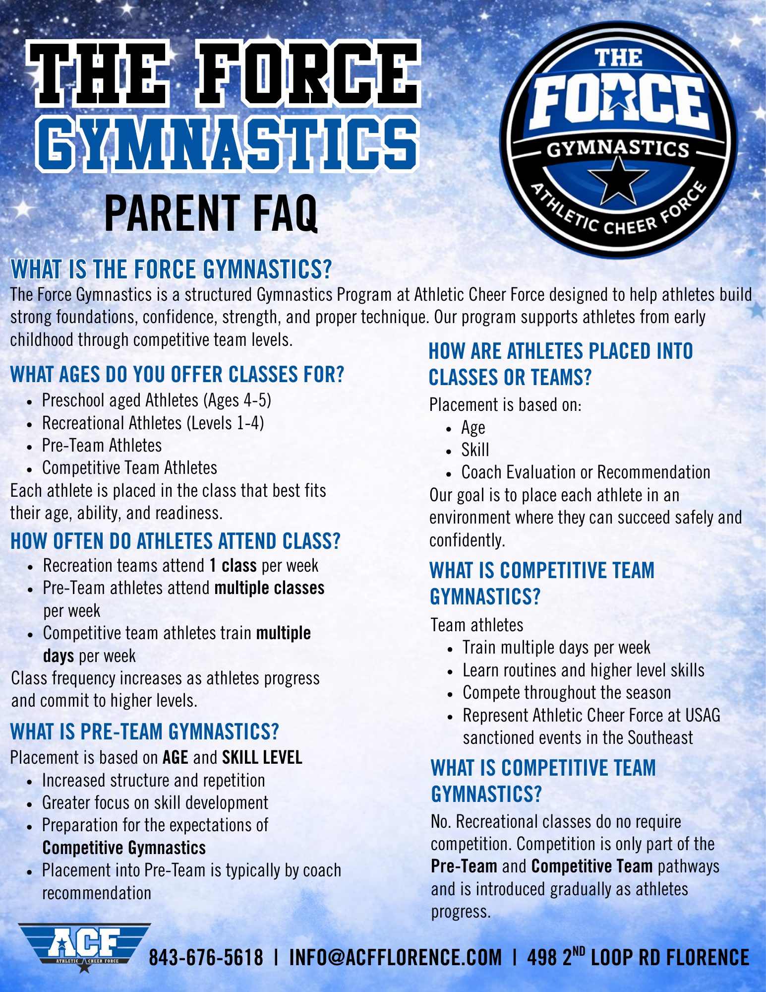 Parents FAQ Sheet for Gymnastics at Athletic Cheer Force
